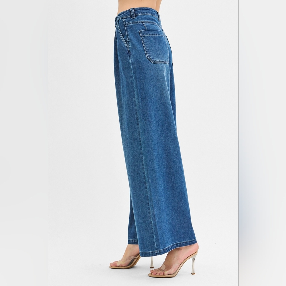 RISEN Palazzo Baggy Mid-Rise Pleated Ultra Wide Oversized Leg Jeans Denim Pants - Picture 9 of 16